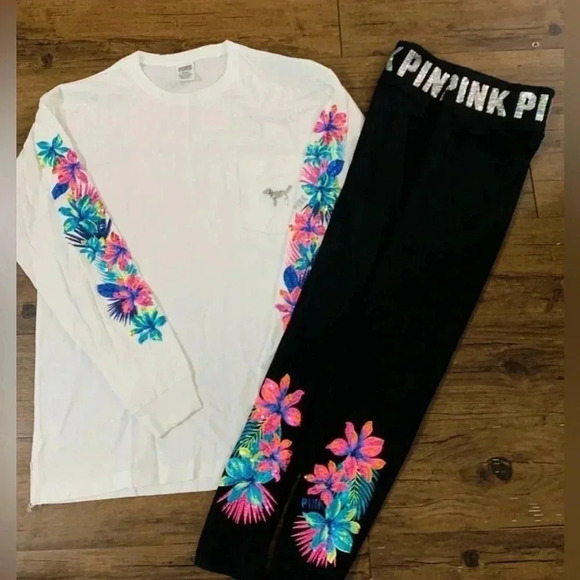 PINK VS  TROPICAL BLING TSHIRT / YOGA LEGGINGS OUTFIT SET M - Picture 2 of 13